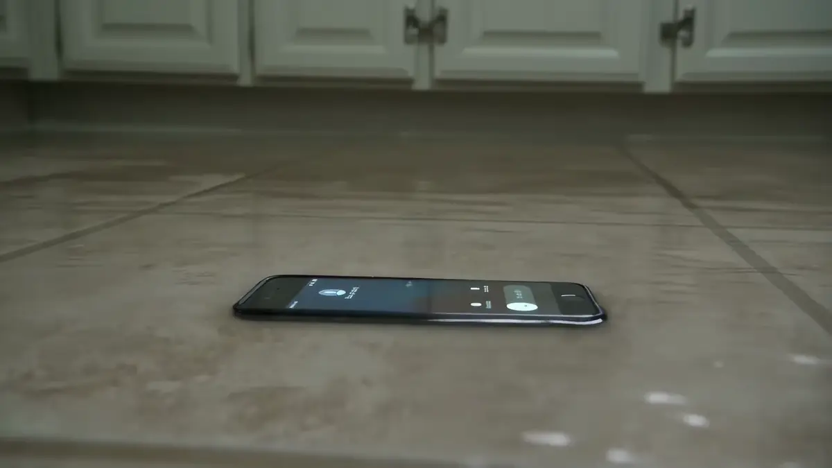 A phone lying face-down on a garage floor, ringing, well out of reach.